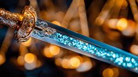 Glowing magical sword blade with ornate golden handle against blurred warm bokeh background, featuring ethereal blue crystal effects along steel surface.
