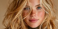 Young blonde woman with freckles and wavy hair smiling warmly at camera in natural lighting for beauty and lifestyle content.