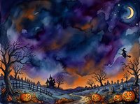 Spooky Halloween night watercolor scene with glowing jack-o-lanterns, flying witch, haunted house, graveyard, bare trees, and dramatic moonlit sky.