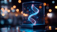Glowing DNA helix structure in glass cube display with bokeh lights background creates futuristic scientific atmosphere for genetics and biotechnology concepts.
