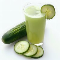 Fresh cucumber juice in glass with sliced cucumber garnish and whole cucumber on white background, perfect for healthy eating content.