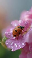 Ladybug covered in morning dew drops resting on pink rose petals. Macro photography captures water droplets and delicate details in soft natural lighting.