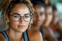 Young mixed-race businesswoman with curly hair and glasses smiling confidently in modern office environment with diverse team colleagues in background.