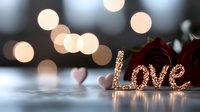 Romantic love sign with warm golden lights and red roses creating intimate atmosphere for Valentine's Day celebration and wedding decoration.