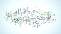 Business strategy concept with icons including lightbulb, charts, globe, target, and geometric shapes in green line art style for presentations.