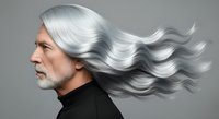 Mature man with long flowing silver hair in profile against neutral background, showcasing hair care and styling for mature demographics.