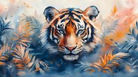 Majestic tiger portrait with intense blue eyes surrounded by tropical leaves in orange and blue tones, artistic wildlife illustration for wall decor and prints.