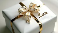 White gift box wrapped with elegant gold ribbon and bow, featuring decorative Love text. Close-up view highlights luxurious details and festive presentation.