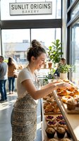 Young female bakery employee arranging fresh croissants and pastries in display case at sunny storefront, wearing apron, smiling while working in modern bakery shop with customers.