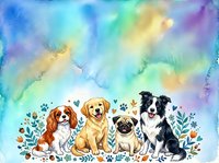 Watercolor illustration of four adorable dogs in various breeds and colors sitting together surrounded by colorful foliage and paw prints on a soft pastel background. Suitable for pet-related designs, greeting cards, and children's publications.