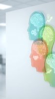 Multiple colorful human head silhouettes with circuit board brain patterns and business icons representing artificial intelligence and teamwork concepts.