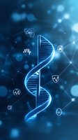 Glowing DNA helix structure with medical icons and network connections on dark blue background with bokeh effect and digital elements for healthcare technology.