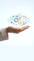 Business hand presenting digital technology icons with gears, charts, cloud computing and connectivity symbols for innovation and automation concepts.
