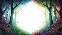 Enchanted forest clearing with magical glowing light portal surrounded by mystical trees and floating orbs creating fantasy woodland scene.