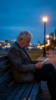 Senior Caucasian man reading book on park bench at twilight with street lamps and city lights creating warm evening atmosphere for relaxation and leisure.