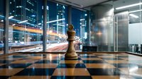 Wooden chess piece standing on checkered floor with illuminated cityscape visible through floor-to-ceiling windows at night, symbolizing strategy and business planning in corporate environment.