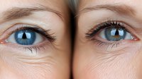 Close up view of bright blue eyes with long eyelashes and natural skin texture showing fine lines and pores, captured in soft natural lighting.