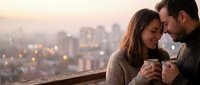 Couple sharing warm beverage on rooftop overlooking cityscape at sunset, intimate moment with urban skyline in background.