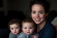 Young Caucasian mother with dark hair smiling warmly while holding twin baby boys in matching gray outfits against dark background, natural lifestyle portrait.