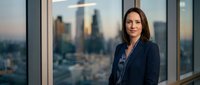 Professional businesswoman in dark suit standing by office windows with city skyline at sunset, corporate executive portrait for business concepts.