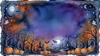 Spooky Halloween night scene with full moon, bats, pumpkins, bare trees and haunted castle in purple orange sky. Fantasy horror background for seasonal designs.