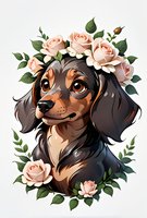 Adorable dachshund puppy portrait surrounded by delicate pink roses and green leaves on light background, stylized cartoon art for decorative prints and designs.