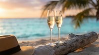 Two champagne glasses on tropical beach at sunset with palm trees and turquoise ocean creating romantic atmosphere for celebration or honeymoon vacation.