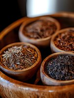 Variety of loose tea leaves in wooden bowls, close-up view showing different types of black and herbal teas arranged on rustic wooden tray with natural lighting.
