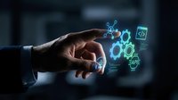 Business professional hand touching holographic digital interface with glowing blue technology icons and data visualization elements in modern workspace.
