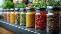 Glass jars filled with colorful spices, legumes and grains on wooden shelf, selective focus on yellow mustard seeds and pink peppercorns in kitchen pantry storage.