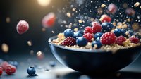 Fresh raspberries and blueberries falling into dark bowl with granola and yogurt, dramatic lighting and floating particles create magical food composition.