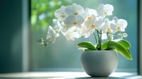 White phalaenopsis orchid blooms in modern round ceramic pot against window light, green leaves and soft bokeh background create serene atmosphere.