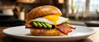 Gourmet breakfast burger with fried egg, crispy bacon and fresh avocado on sesame bun served on white plate in modern restaurant kitchen setting.