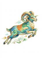 Ornamental ram with curved horns in turquoise, gold, and cream tones, featuring intricate decorative patterns and swirling cloud motifs. Isolated on transparent background, ready for t-shirts, clipart, stickers, and print-on-demand designs.