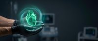 Medical professional holding glowing holographic heart model in modern healthcare facility for cardiology education and digital medicine technology.