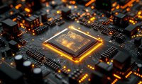 Glowing processor on circuit board with orange light effects and electronic components, macro photography showing advanced computing technology and microchips.