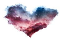 Cosmic heart shape formed by colorful nebula clouds and stars in space, featuring dreamy pink and blue galaxy colors against white background.