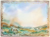 Watercolor pastoral landscape with grazing livestock in rolling hills, framed by ornate decorative border for rustic home decor and country-themed designs.