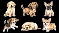 Six adorable puppy breed clipart stickers isolated on transparent background, ready for t-shirt design, print on demand, stickers, sublimation, and scrapbooking.