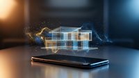 Modern smartphone displaying holographic house model with digital particles for real estate technology and property visualization applications.