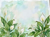 Watercolor peace lily plants with white flowers and green leaves on soft pastel background for botanical illustration and home decor projects.