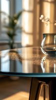Glass vase on modern dining table with sunlight casting window shadows, creating atmospheric morning mood with warm golden light and bokeh effect.