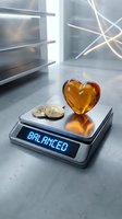 Digital scale displaying balanced with amber heart and golden coins on modern kitchen counter representing wellness lifestyle and healthy living choices.