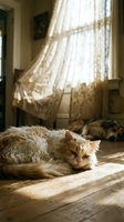 Fluffy long-haired cat resting on wooden floor in sunlit room with sheer curtains and warm natural light streaming through window.