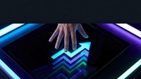 Hand touching glowing upward arrow on digital screen with neon blue and purple lighting, representing growth, success, and business progress for web and marketing applications.