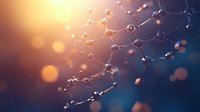 Molecular structure with glowing connections on blue background with golden bokeh lights, representing scientific research in chemistry, biology, or medicine.