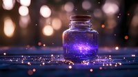Magical glowing purple liquid in glass jar against blurred bokeh lights background creates mystical atmosphere with sparkles and luminous effects.