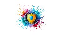 Cybersecurity shield with colorful paint splashes on white background, isolated digital protection concept for web design and marketing materials.