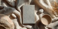 Blank book mockup on beige fabric with coffee cup, stones, and dried pampas grass in warm neutral tones. Cozy minimalist flatlay for branding.