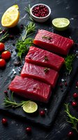 Fresh raw tuna steaks on slate board with herbs, citrus and cranberries for gourmet cooking and healthy protein meals.